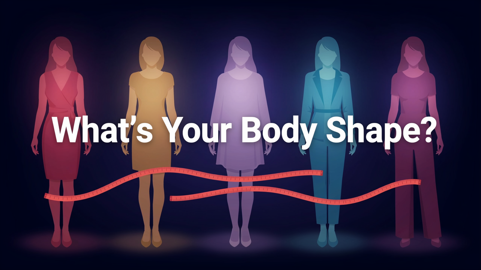 Five female body shape silhouettes — hourglass, pear, apple, rectangle, and inverted triangle — displayed side by side with the text "What's Your Body Shape?" for a body shape calculator guide